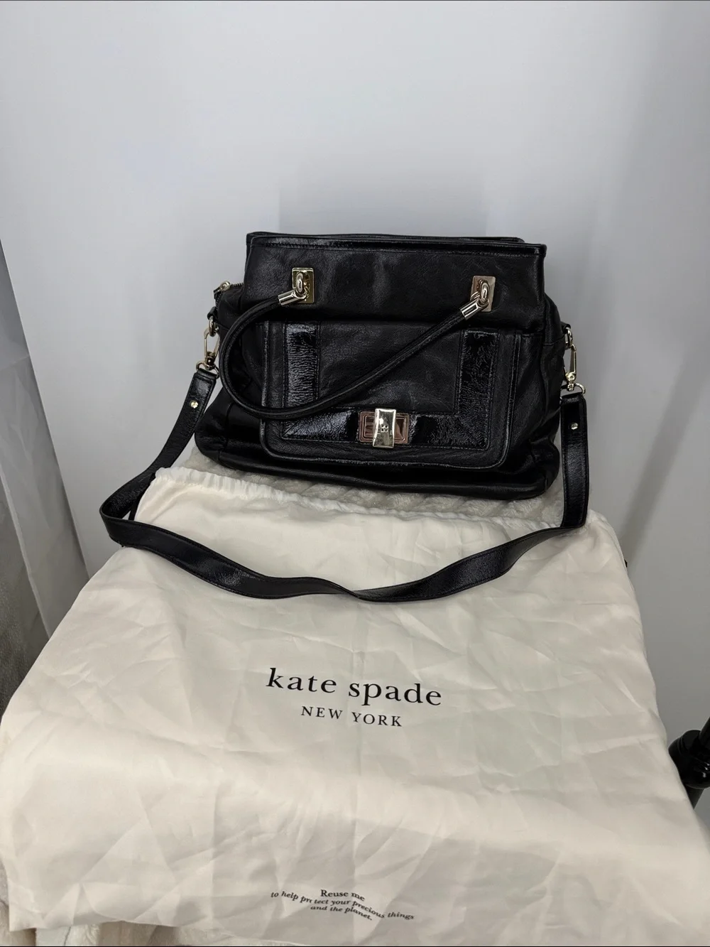 Kate Spade Black Leather Top-Handle Satchel Handbag with crossbody strap